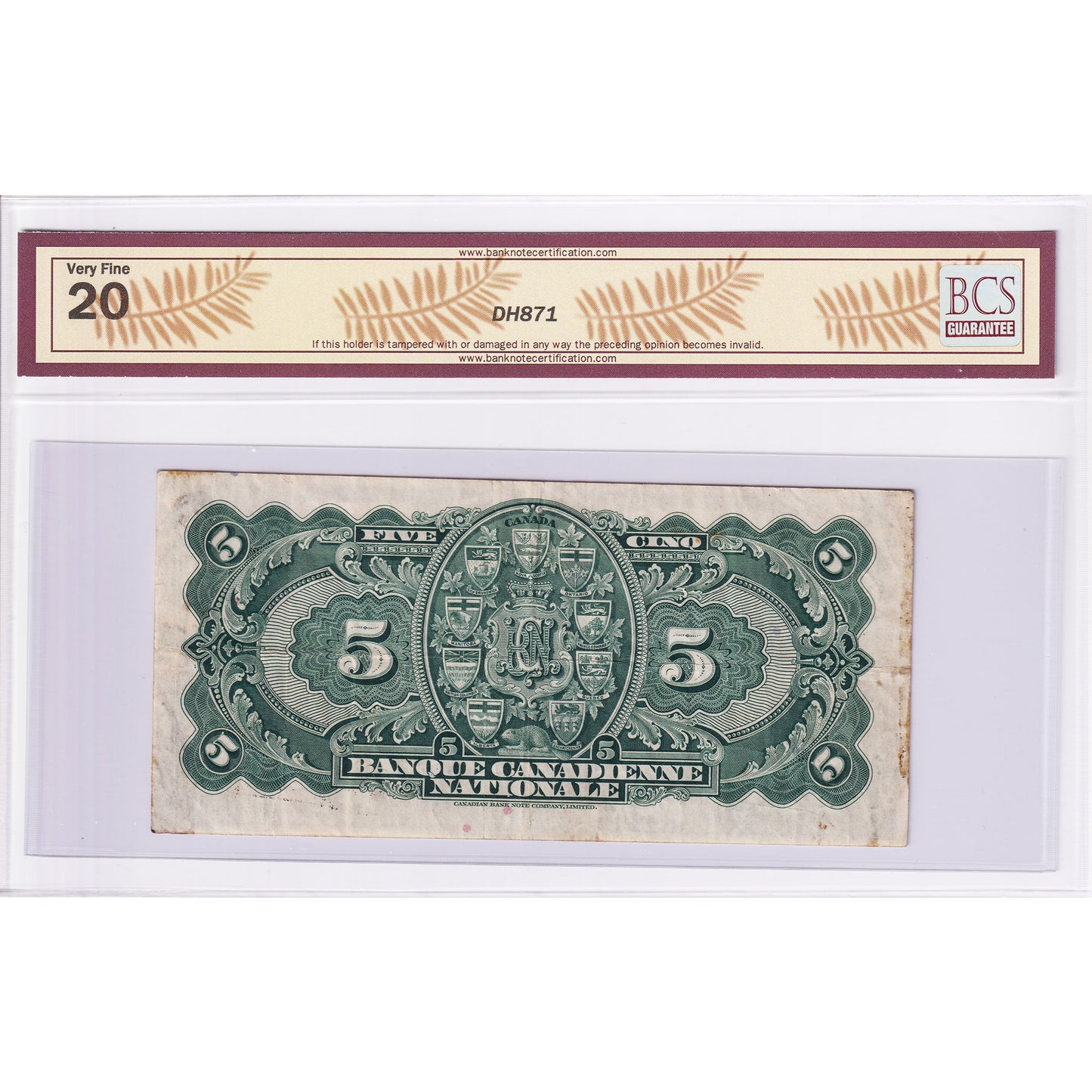 85-14-02 1935 Banque Canadienne Nationale $5 Wilson-Leman, D, BCS Cert. VF20 (Tape)