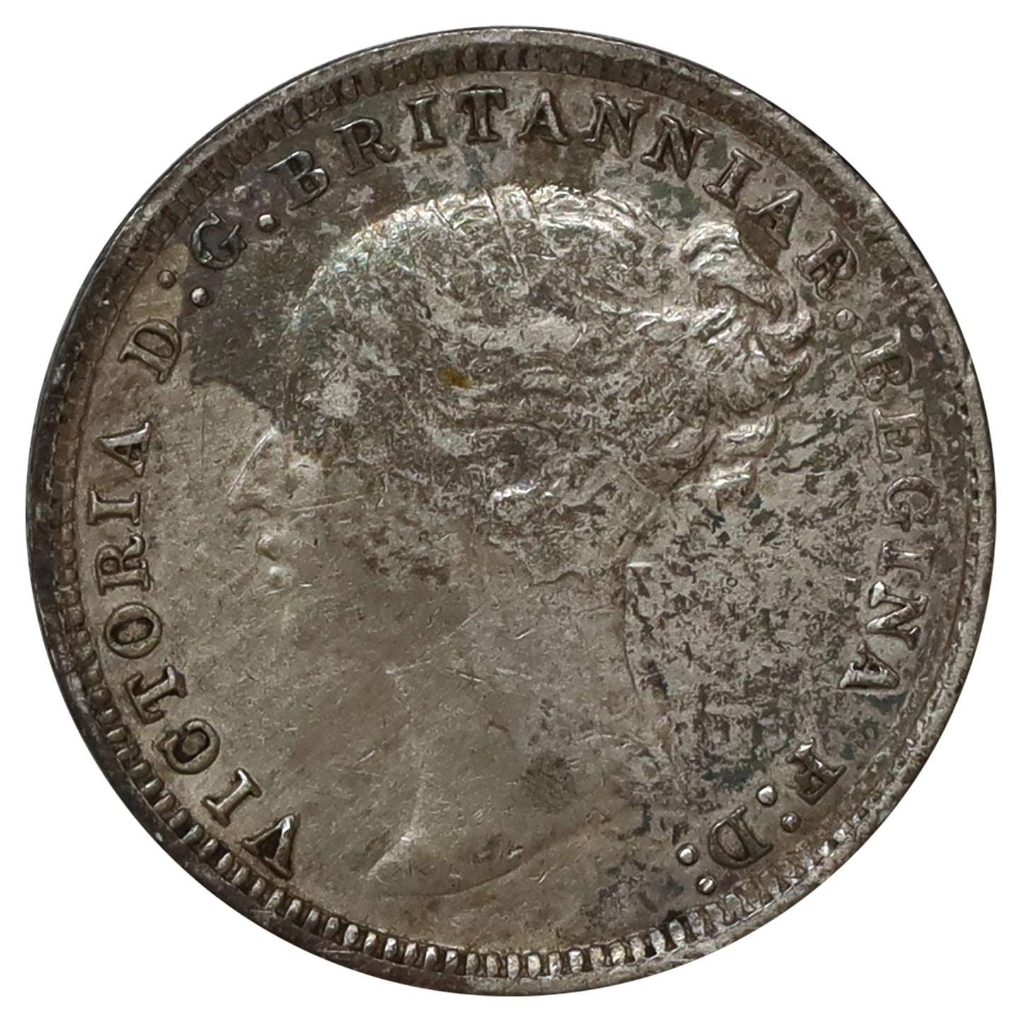 Great Britain 1874 Threepence Extra Fine (EF40) Doubling on Britannia, Toned