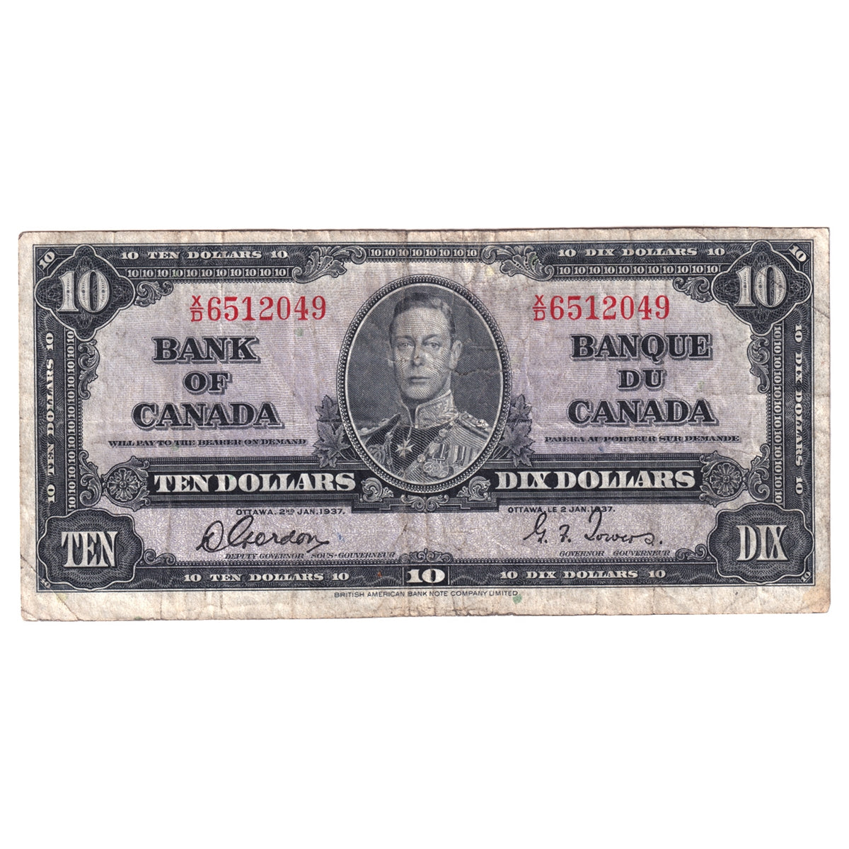 BC-24b 1937 Canada $10 Note Gordon-Towers, Very Fine (VF20) Stains, Tears or Impaired