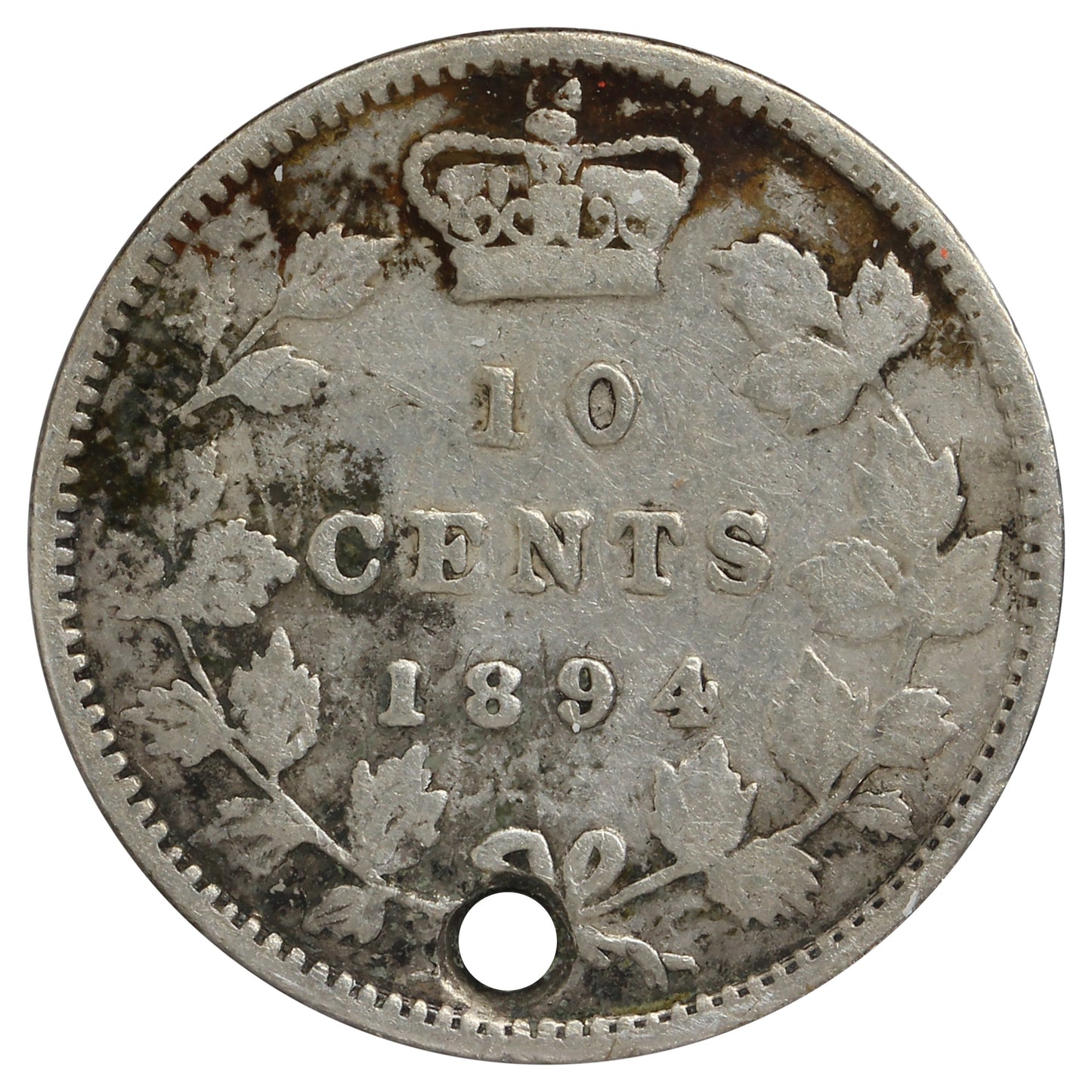 1894 Obv. 6 Canada 10-cents Fine (F-12) Holed