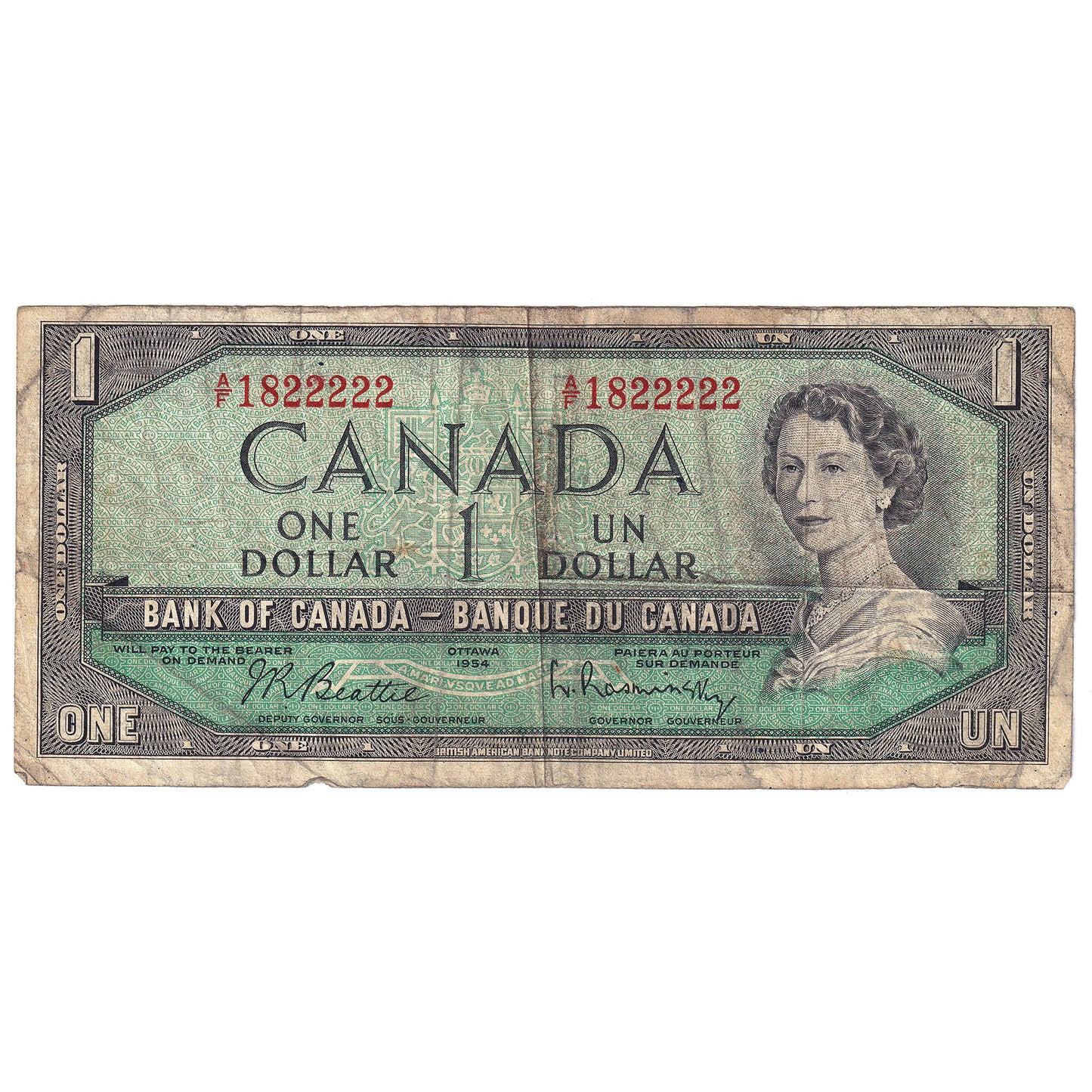 BC-37b-i 1954 Canada $1 Beattie-Rasminsky, Neat Number, Circ
