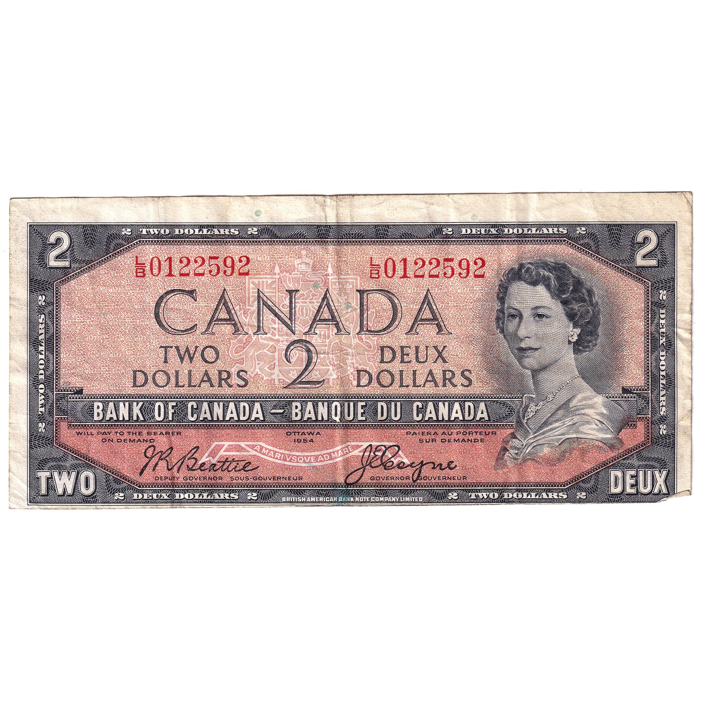 ERROR Cut Out of Register BC-38a-E25-i 1954 Canada $2 Beattie-Coyne, VF