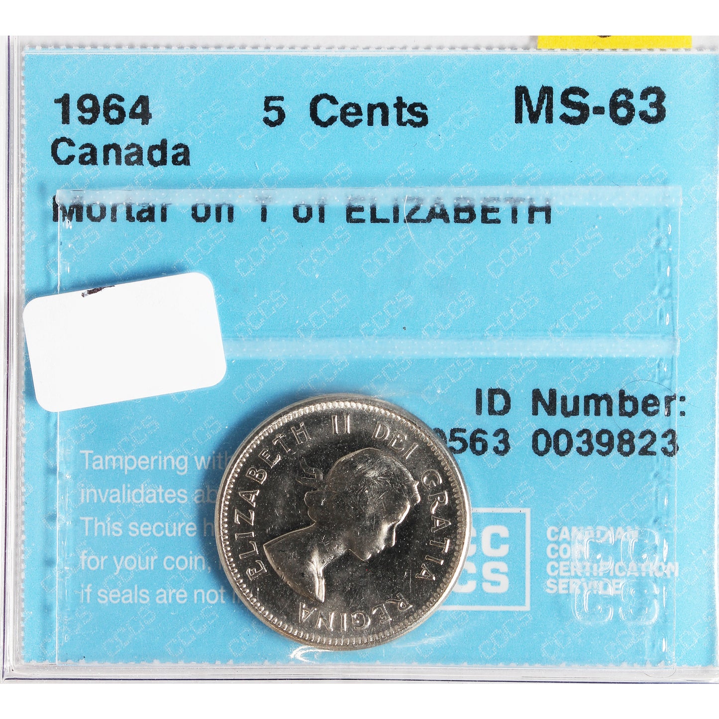 1964 Mortar on T of Elizabeth Canada 5-cents CCCS Certified MS-63