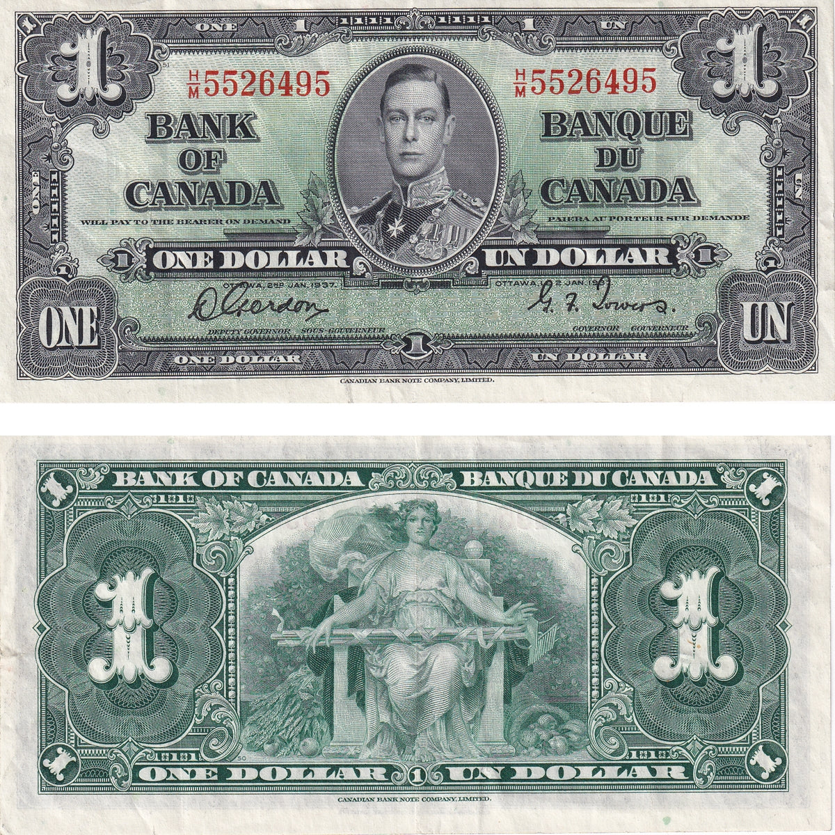 BC-21c 1937 Canada $1 Gordon-Towers, H/M, VF-EF (VF30)