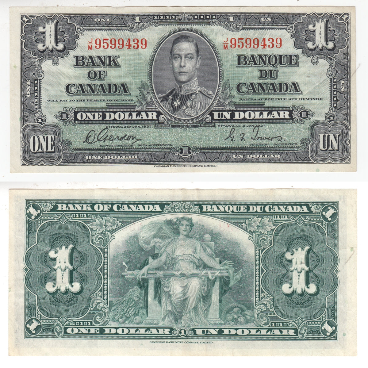BC-21c 1937 Canada $1 Gordon-Towers, J/M, VF-EF (VF30)