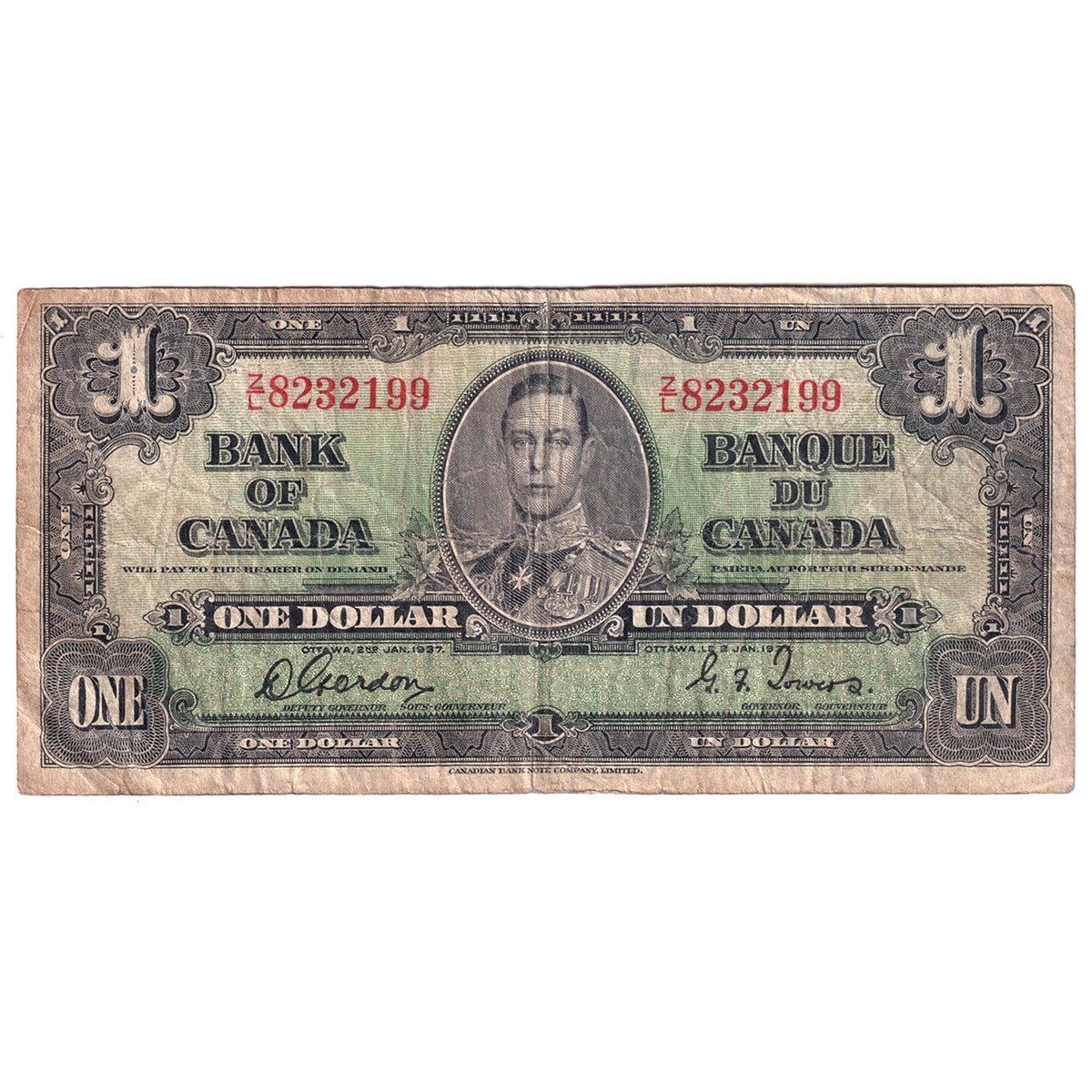 BC-21c 1937 Canada $1 Gordon-Towers, Z/L, F
