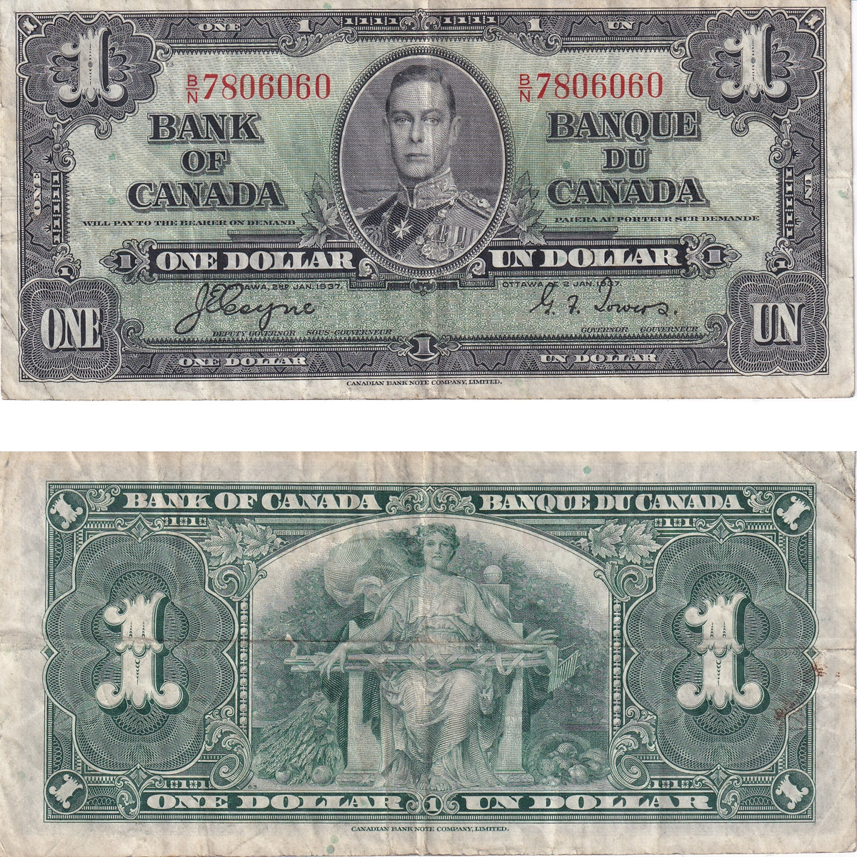 BC-21d 1937 Canada $1 Coyne-Towers, B/N, F-VF (F15)