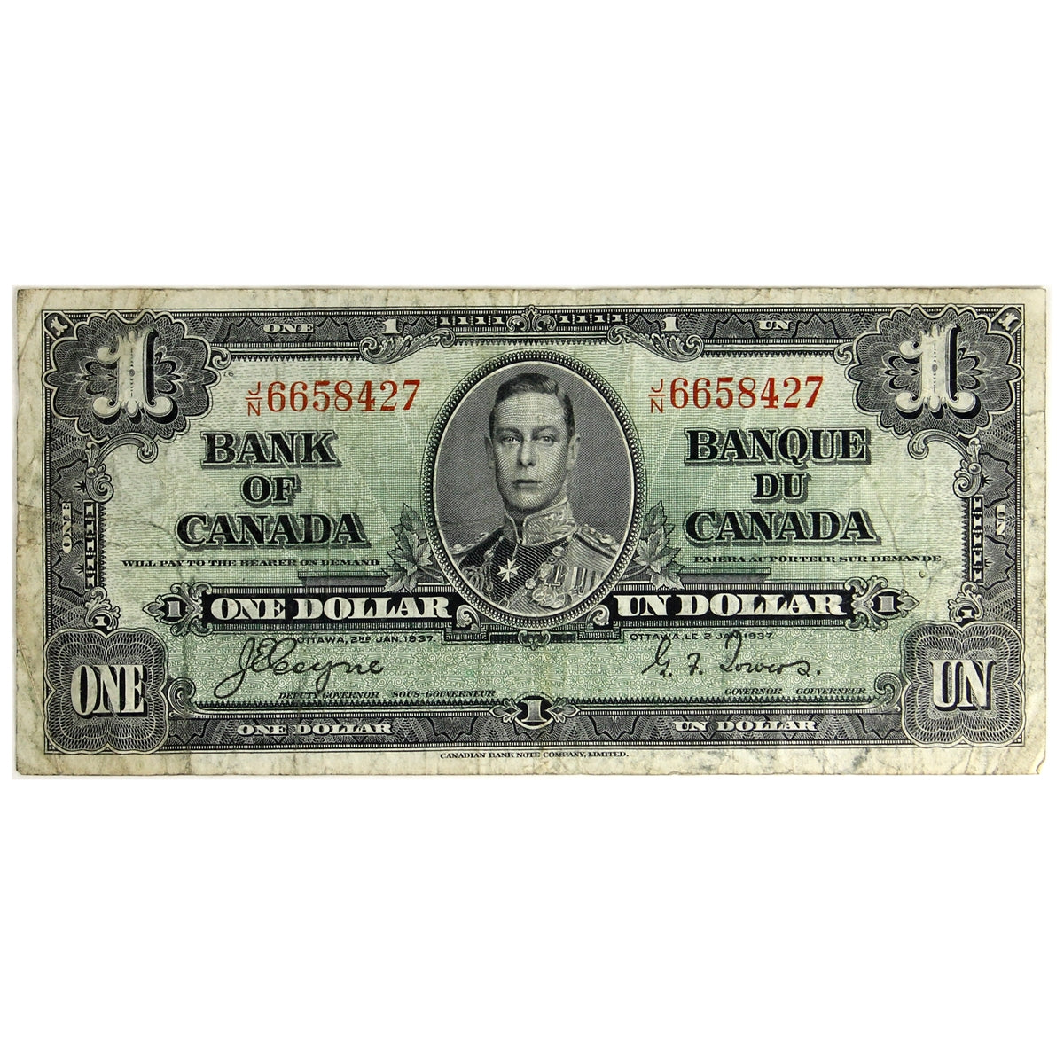 BC-21d 1937 Canada $1 Coyne-Towers, J/N, F-VF