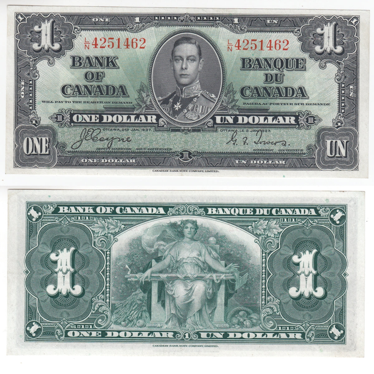 BC-21d 1937 Canada $1 Coyne-Towers, L/N, Extra Fine (EF40)