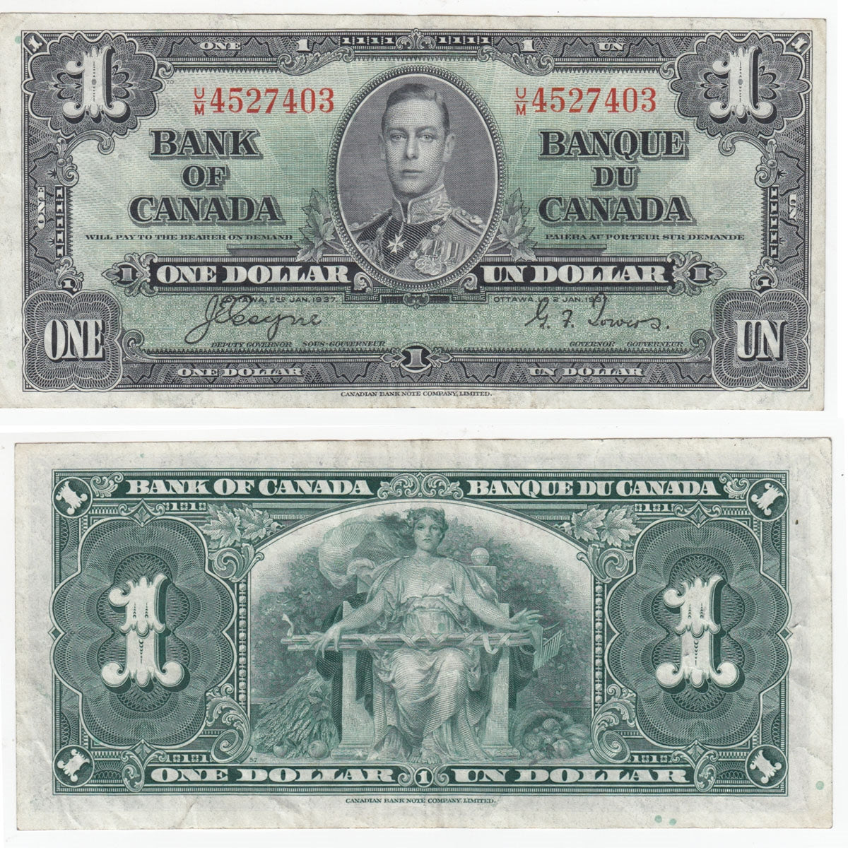 BC-21d 1937 Canada $1 Coyne-Towers, U/M, VF