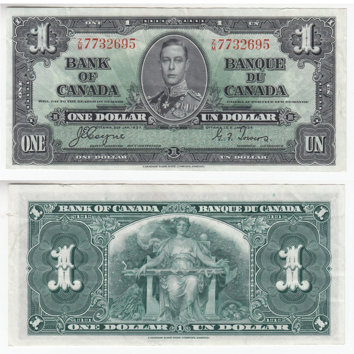 BC-21d 1937 Canada $1 Coyne-Towers, Z/M, EF