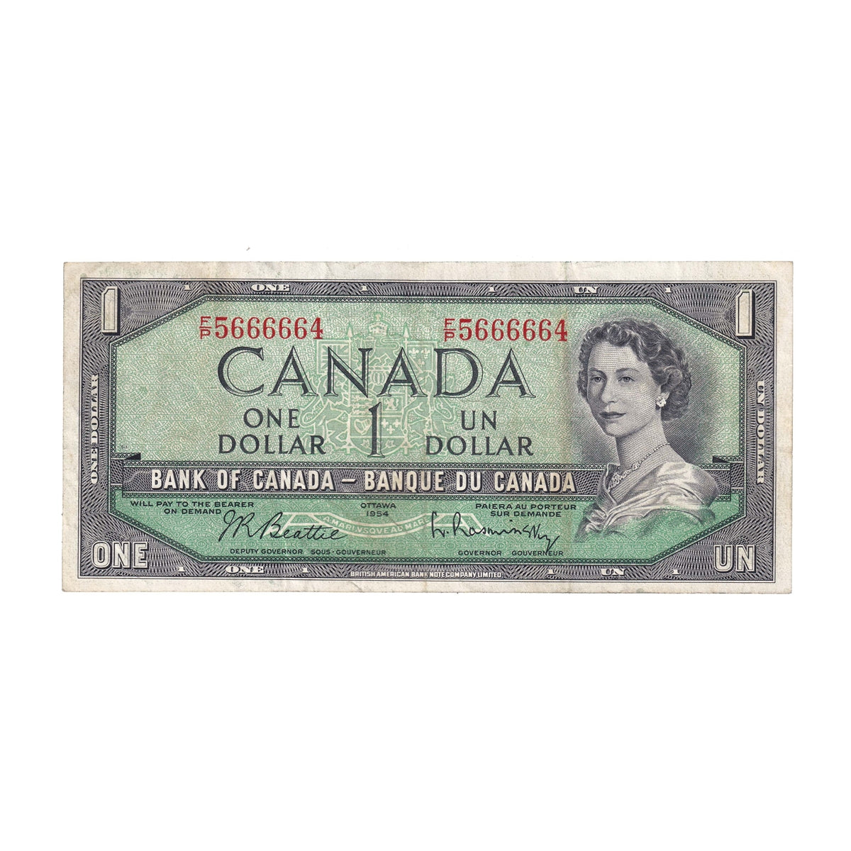 BC-37b-i 1954 Canada $1 Beattie-Rasminsky, F/P, VF