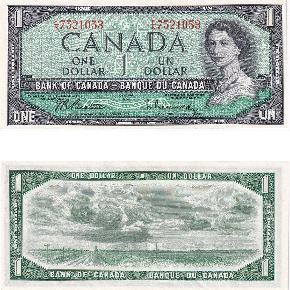 BC-37b 1954 Canada $1 Beattie-Rasminsky, F/N, Uncirculated (MS60)