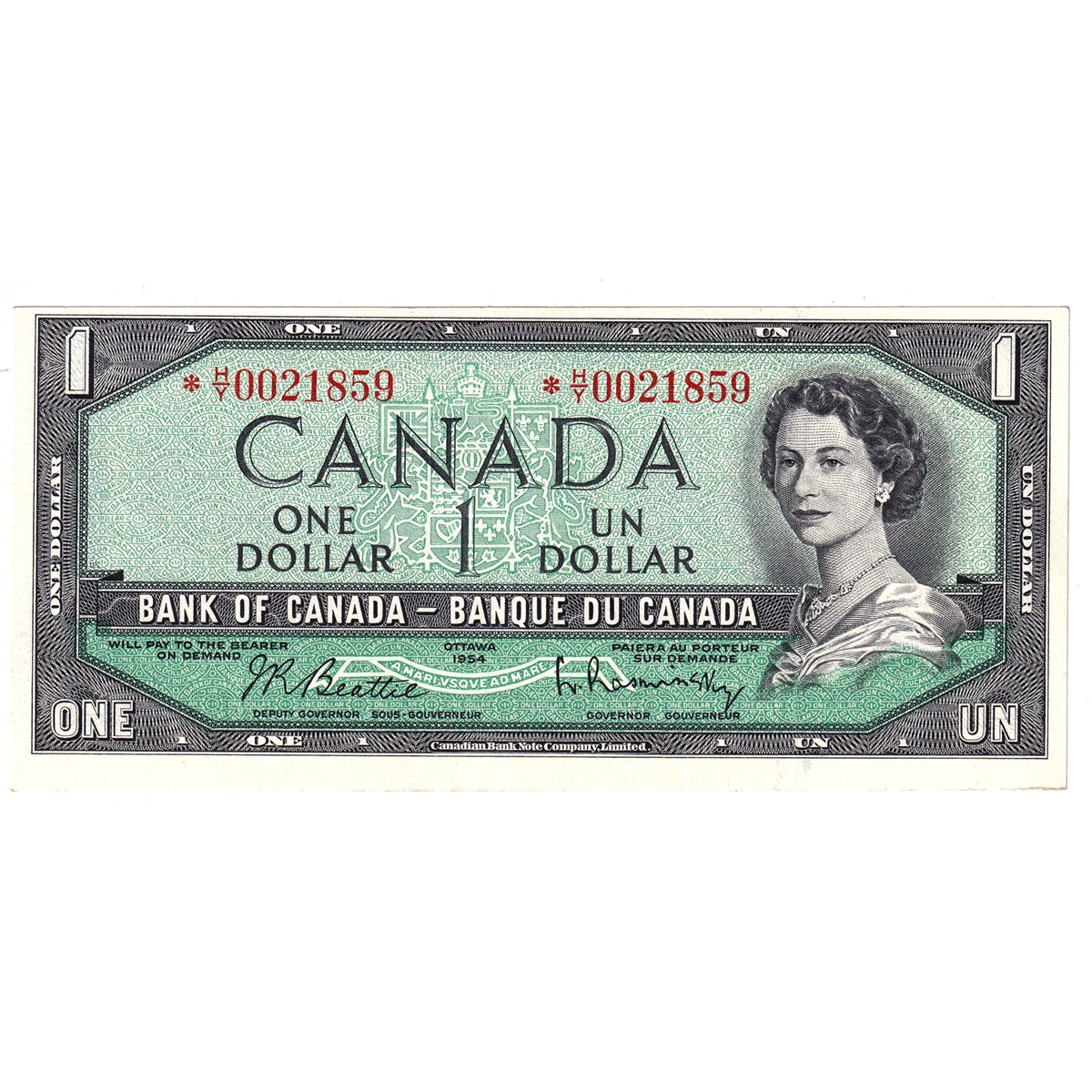 BC-37bA 1954 Canada $1 Beattie-Rasminsky, *H/Y, VF-EF