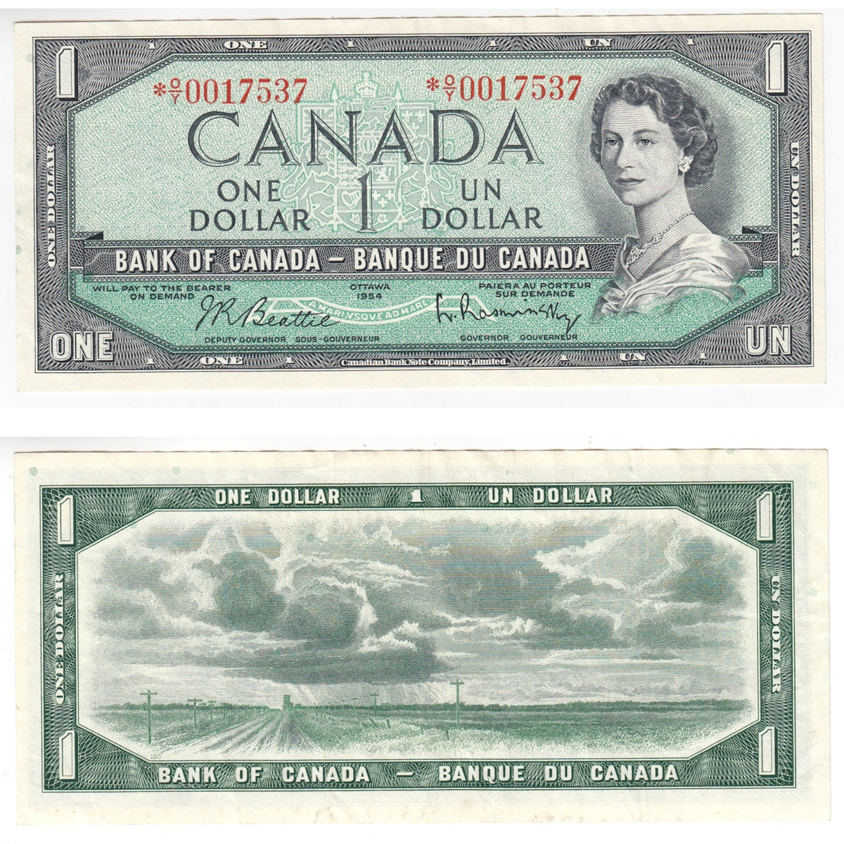 BC-37bA 1954 Canada $1 Beattie-Rasminsky, *O/Y, VF