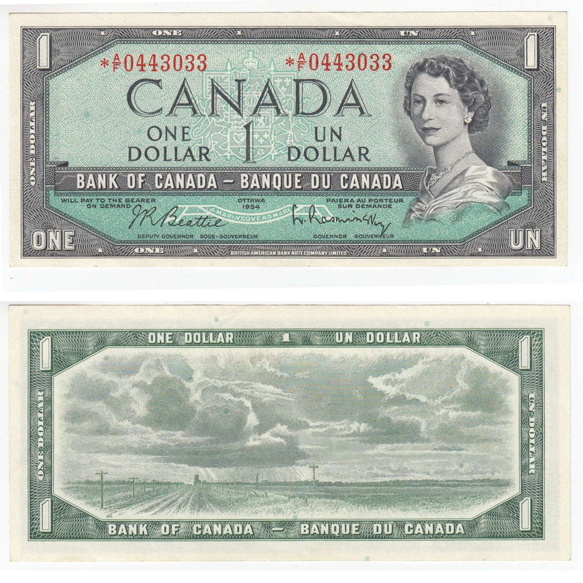 BC-37BA-i 1954 Canada $1 Beattie-Rasminsky, *A/F, EF-AU