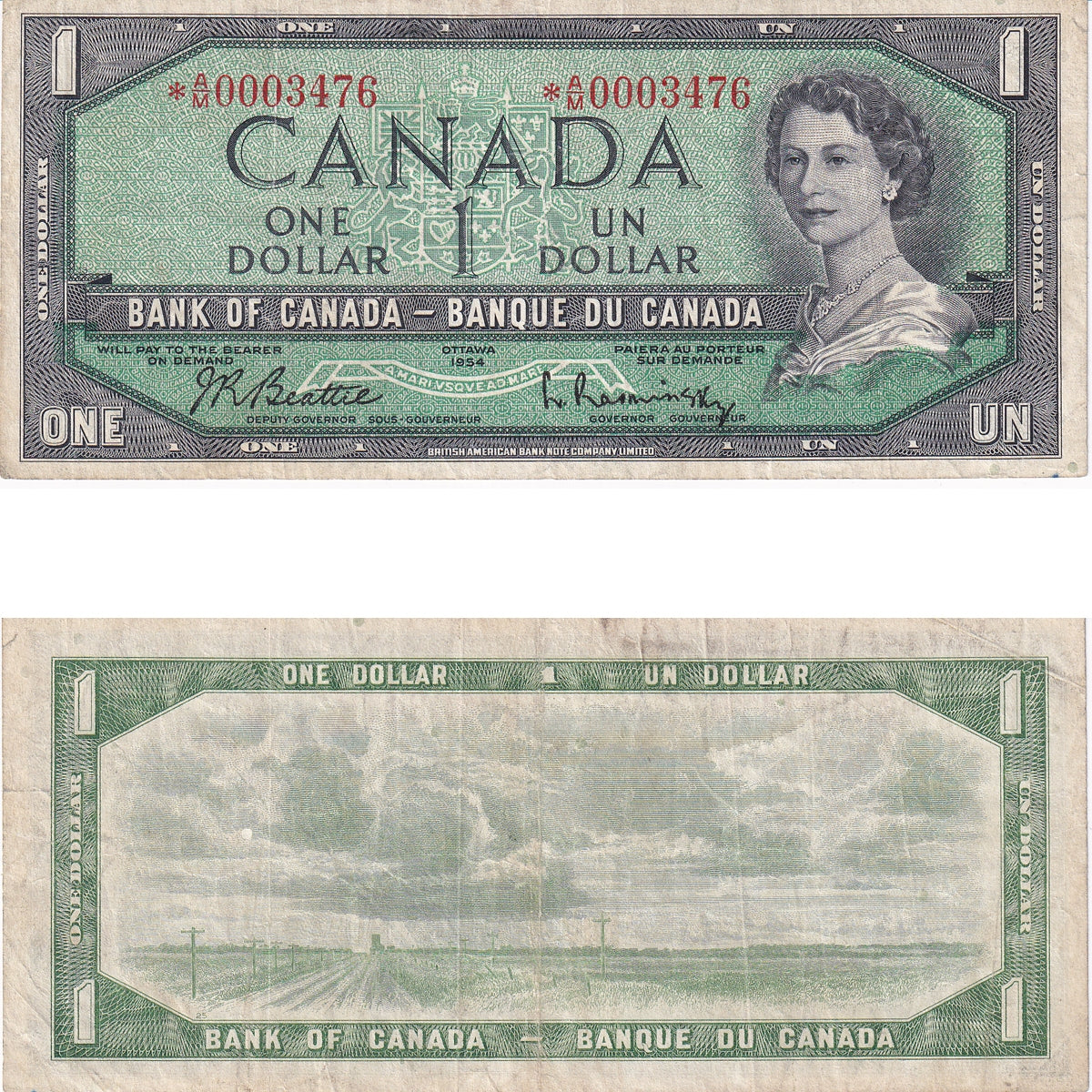 BC-37bA-i 1954 Canada $1 Beattie-Rasminsky, *A/M, Fine (F12)