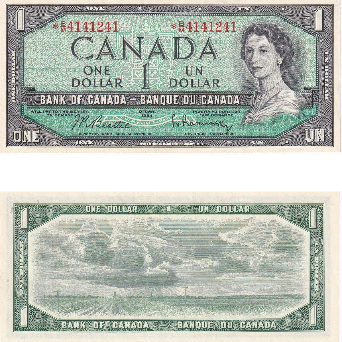 BC-37bA-i 1954 Canada $1 Beattie-Rasminsky, *B/M, Uncirculated (MS60)