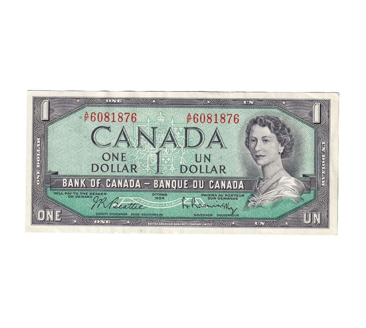 BC-37b-i 1954 Canada $1 Beattie-Rasminsky, A/F, AU