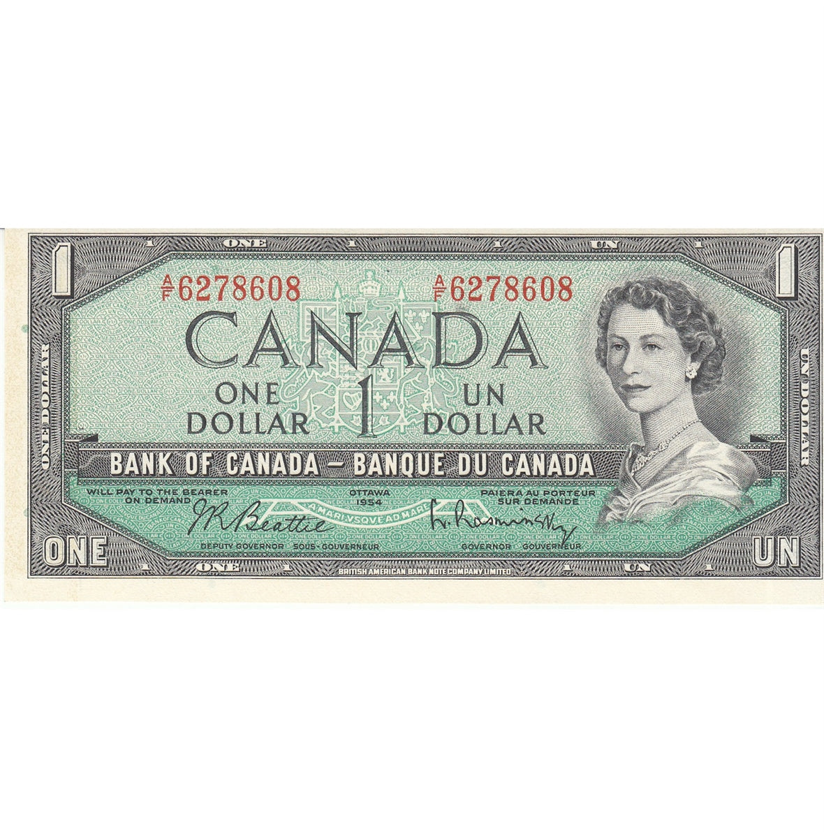 BC-37b-i 1954 Canada $1 Beattie-Rasminsky, A/F, UNC