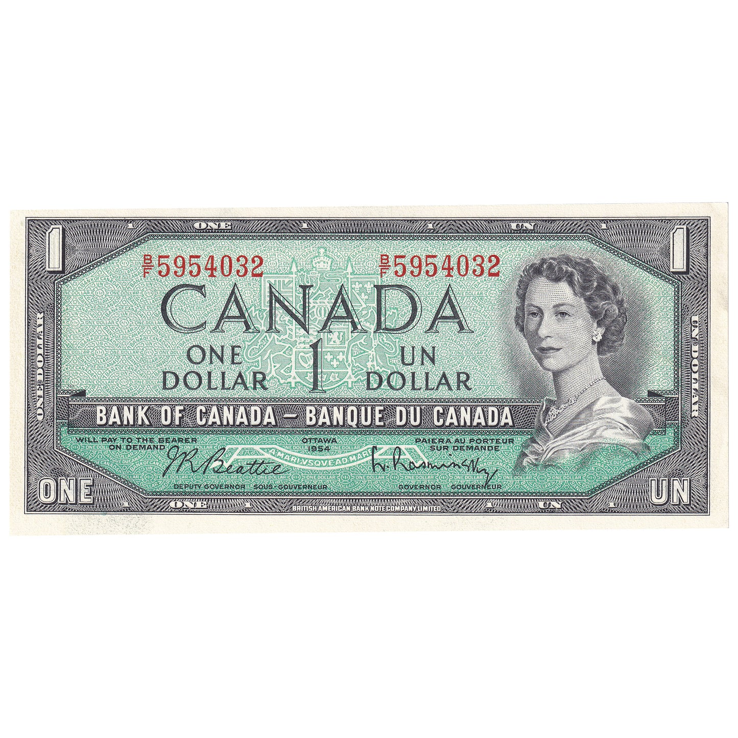 BC-37b-i 1954 Canada $1 Beattie-Rasminsky, B/F, UNC