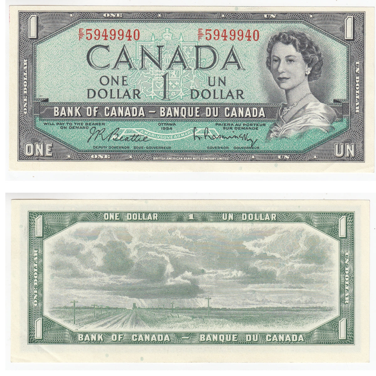BC-37b-i 1954 Canada $1 Beattie-Rasminsky, E/F, AU-UNC (AU55)