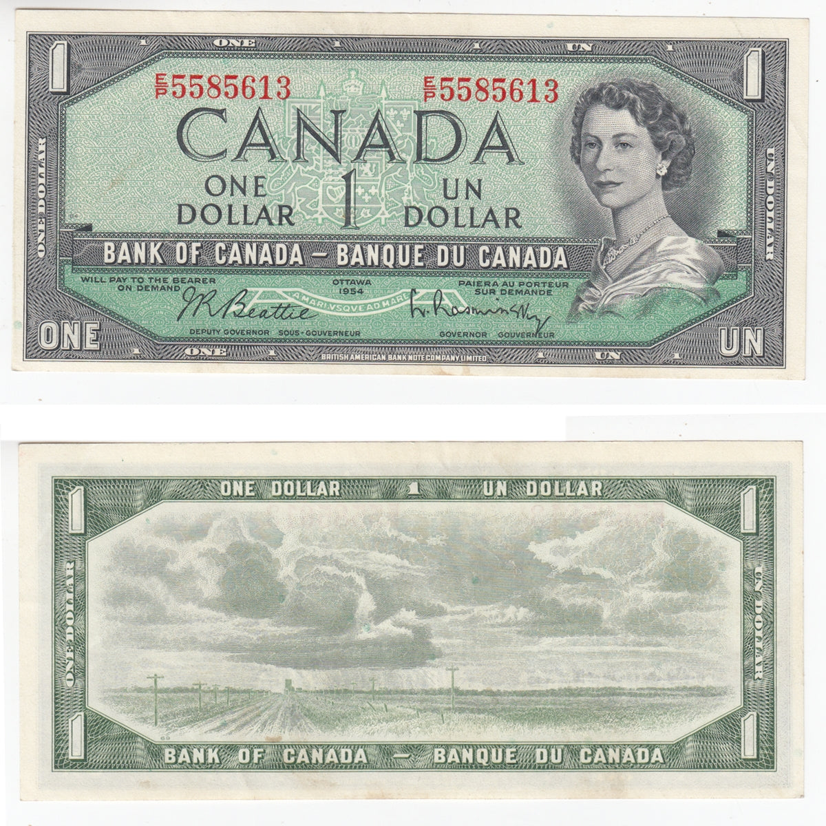 BC-37b-i 1954 Canada $1 Beattie-Rasminsky, E/P, Almost Uncirculated (AU50)