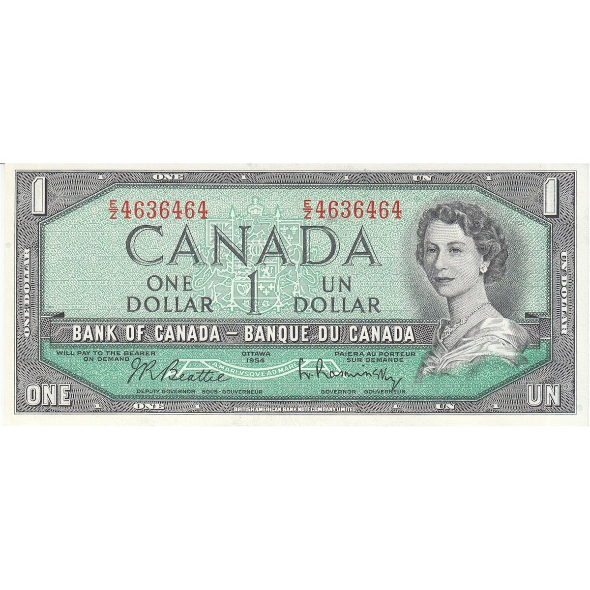 BC-37b-i 1954 Canada $1 Beattie-Rasminsky, E/Z, AU-UNC