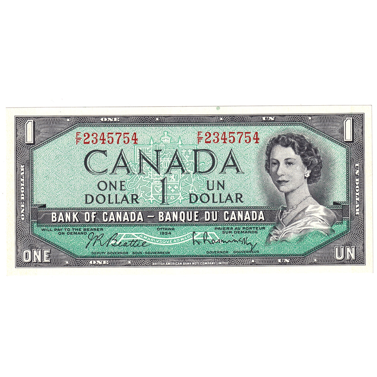BC-37b-i 1954 Canada $1 Beattie-Rasminsky, F/F, UNC