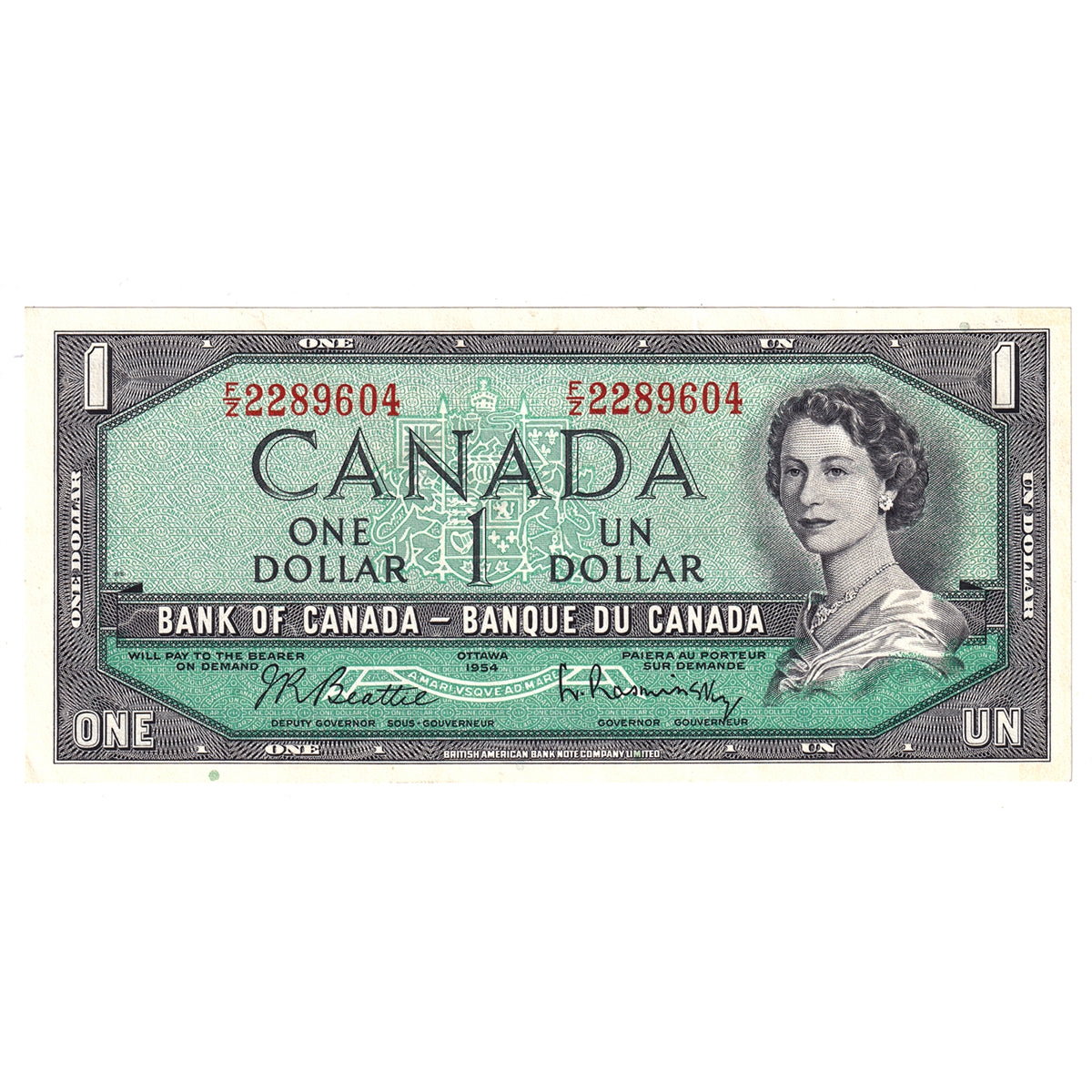 BC-37b-i 1954 Canada $1 Beattie-Rasminsky, F/Z, AU