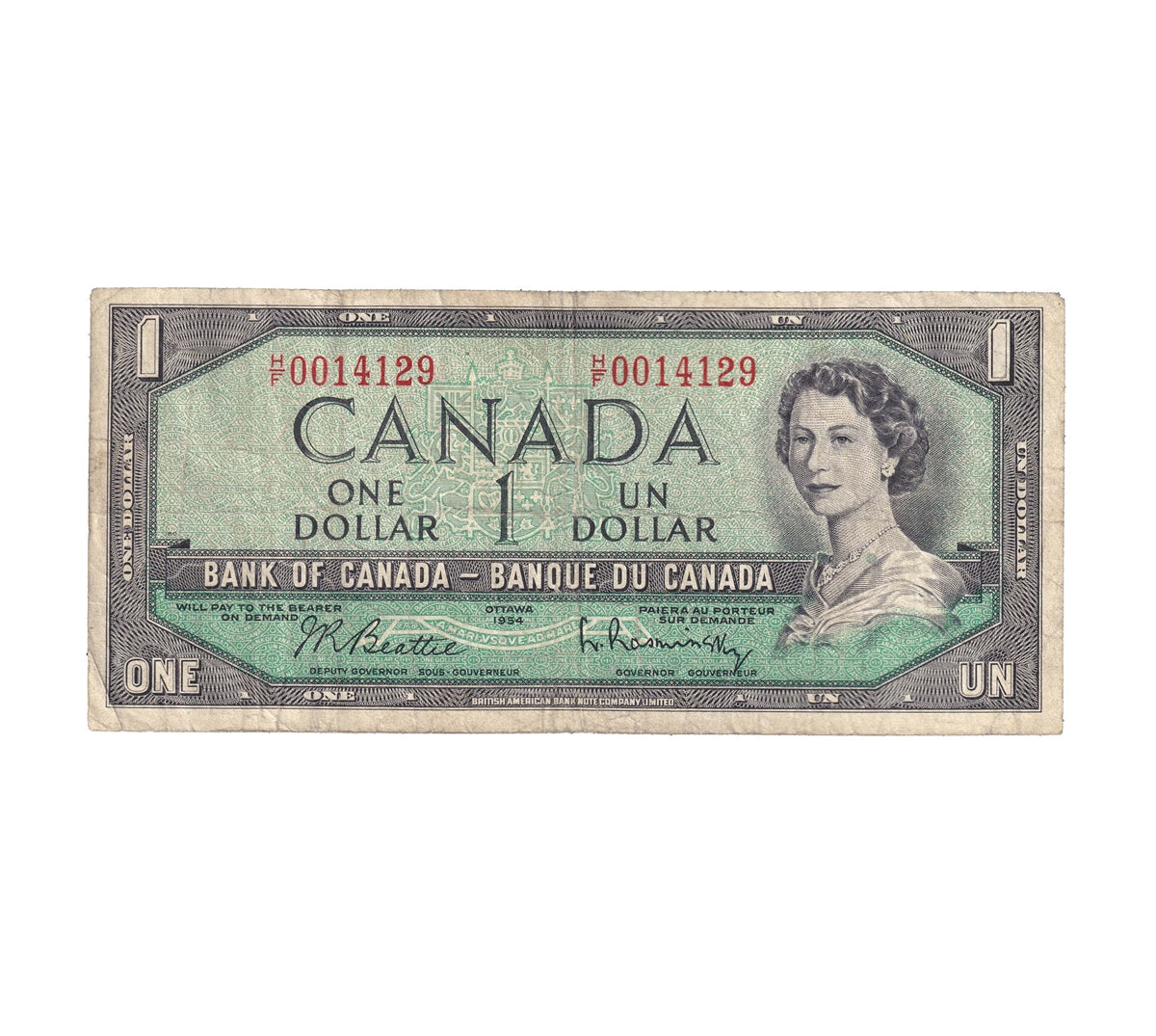 BC-37b-i 1954 Canada $1 Beattie-Rasminsky, H/F, CIRC
