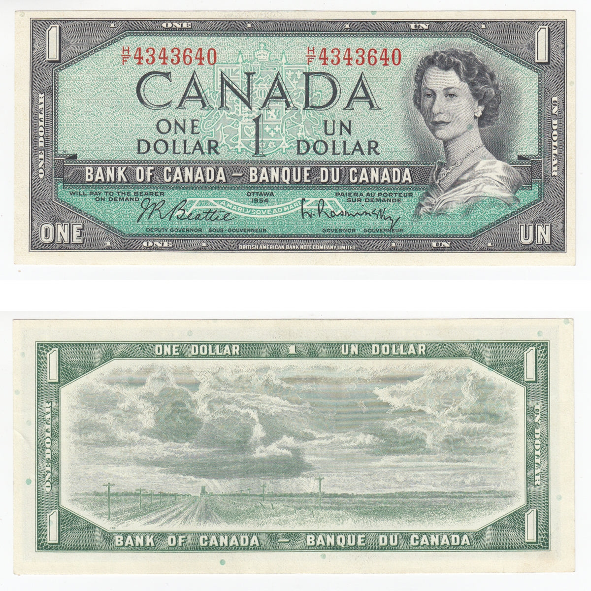 BC-37b-i 1954 Canada $1 Beattie-Rasminsky, H/F, Extra Fine (EF40)