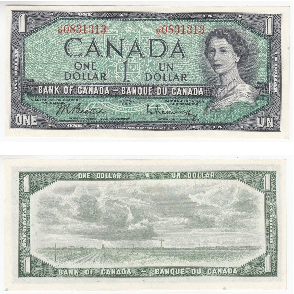 BC-37b-i 1954 Canada $1 Beattie-Rasminsky, J/M, Almost Uncirculated (AU50)