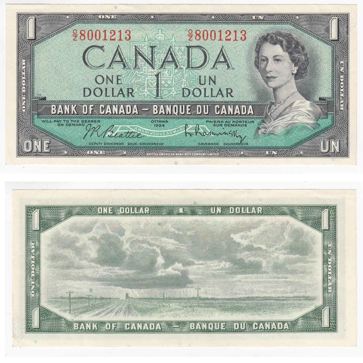 BC-37b-i 1954 Canada $1 Beattie-Rasminsky, O/Z, AU-UNC (AU55)