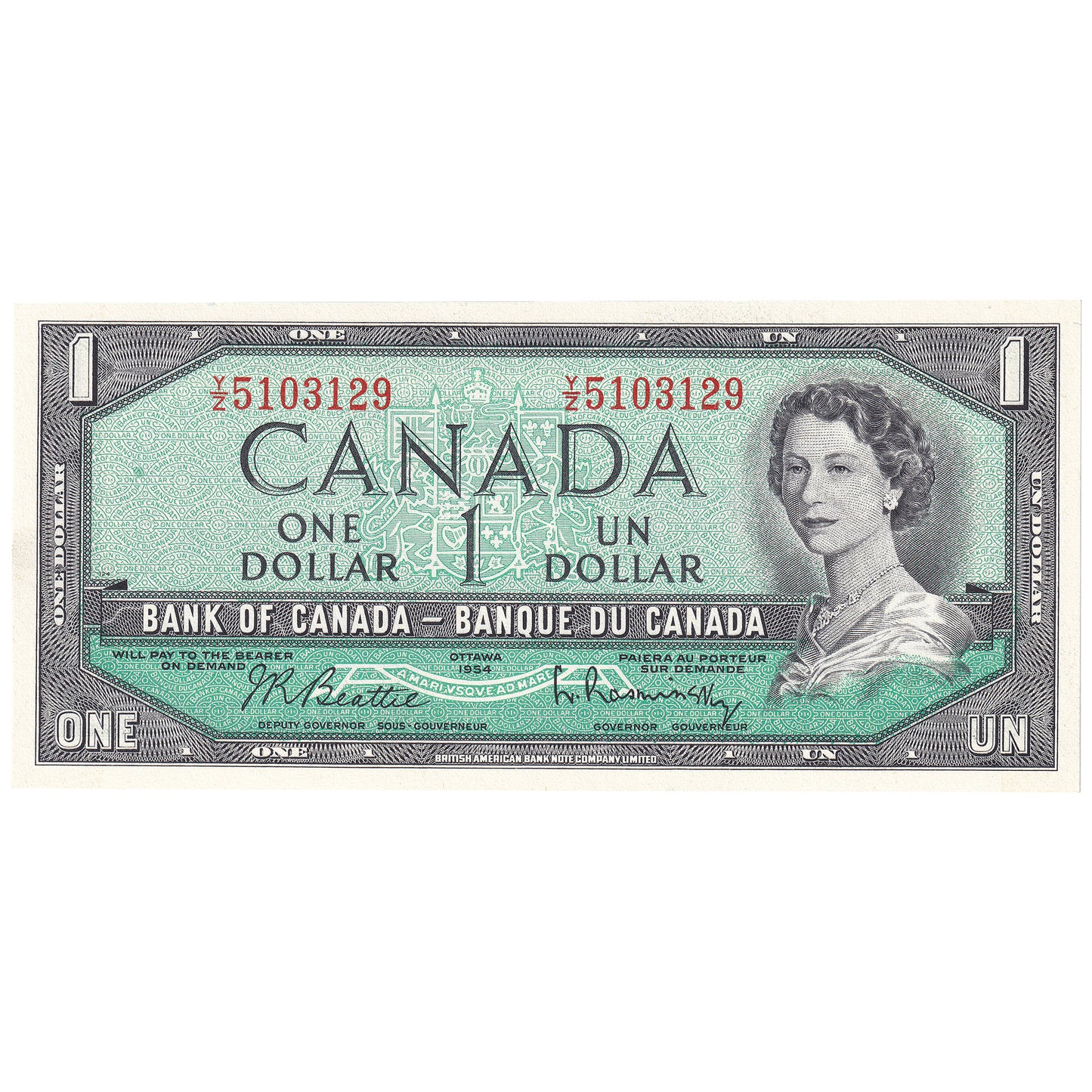 BC-37b-i 1954 Canada $1 Beattie-Rasminsky, Y/Z, CUNC