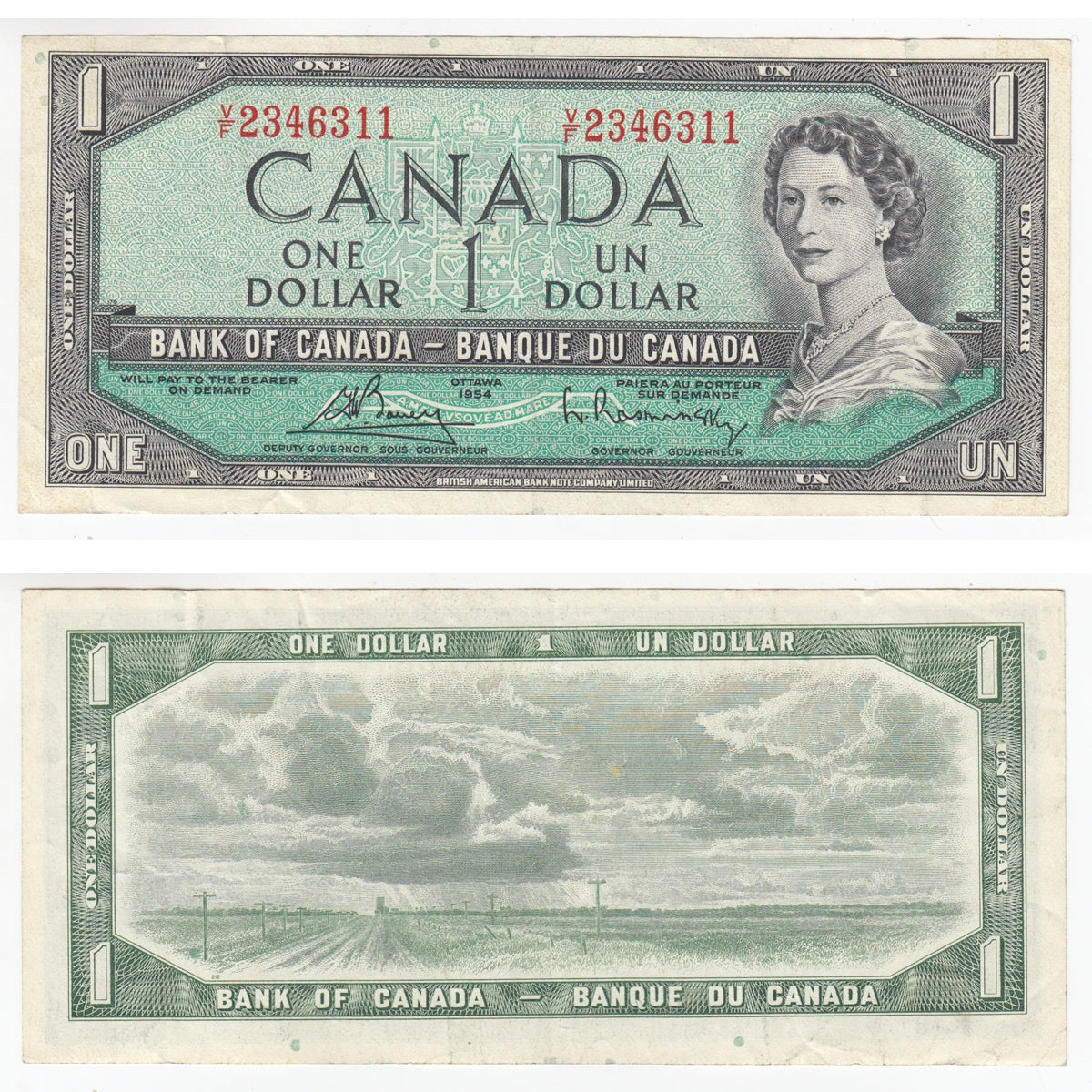 BC-37c 1954 Canada $1 Bouey-Rasminsky, V/F, VF-EF (VF30)