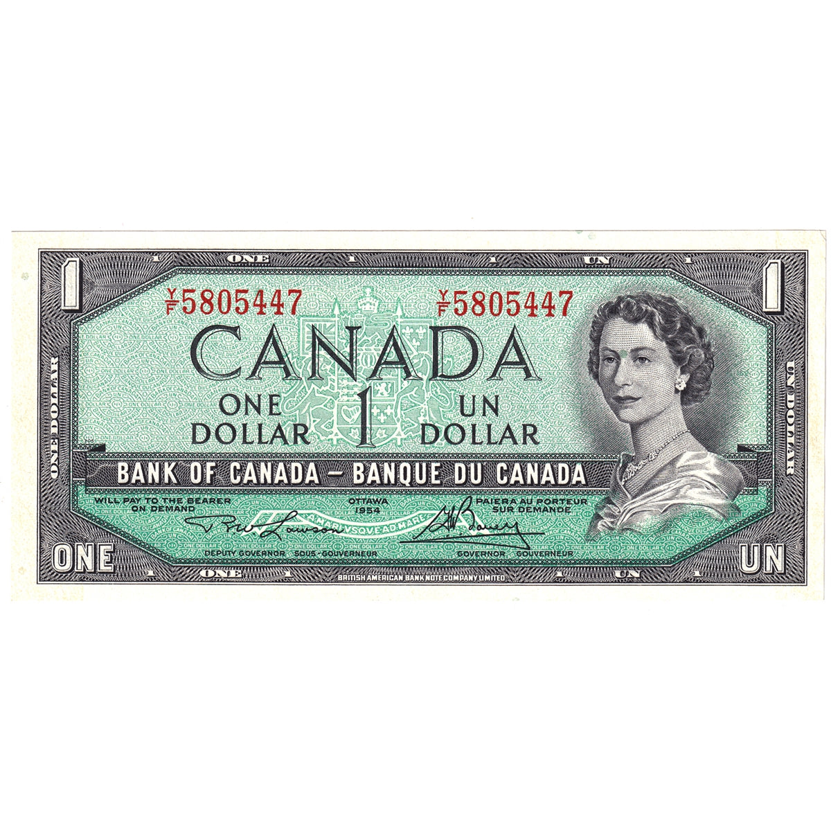 BC-37d 1954 Canada $1 Lawson-Bouey, Y/F, AU-UNC