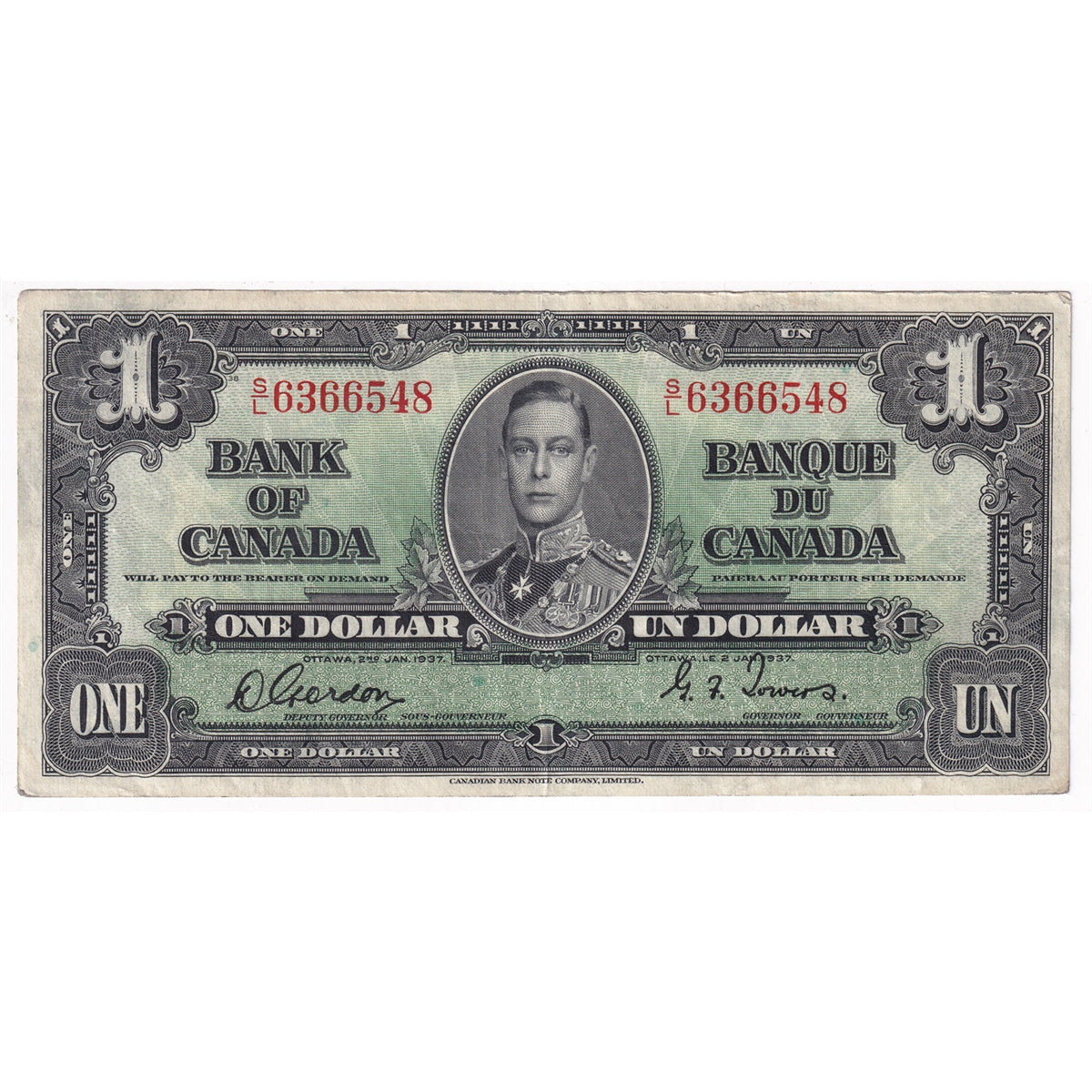 BC-21c 1937 Canada $1 Gordon-Towers, S/L, VF
