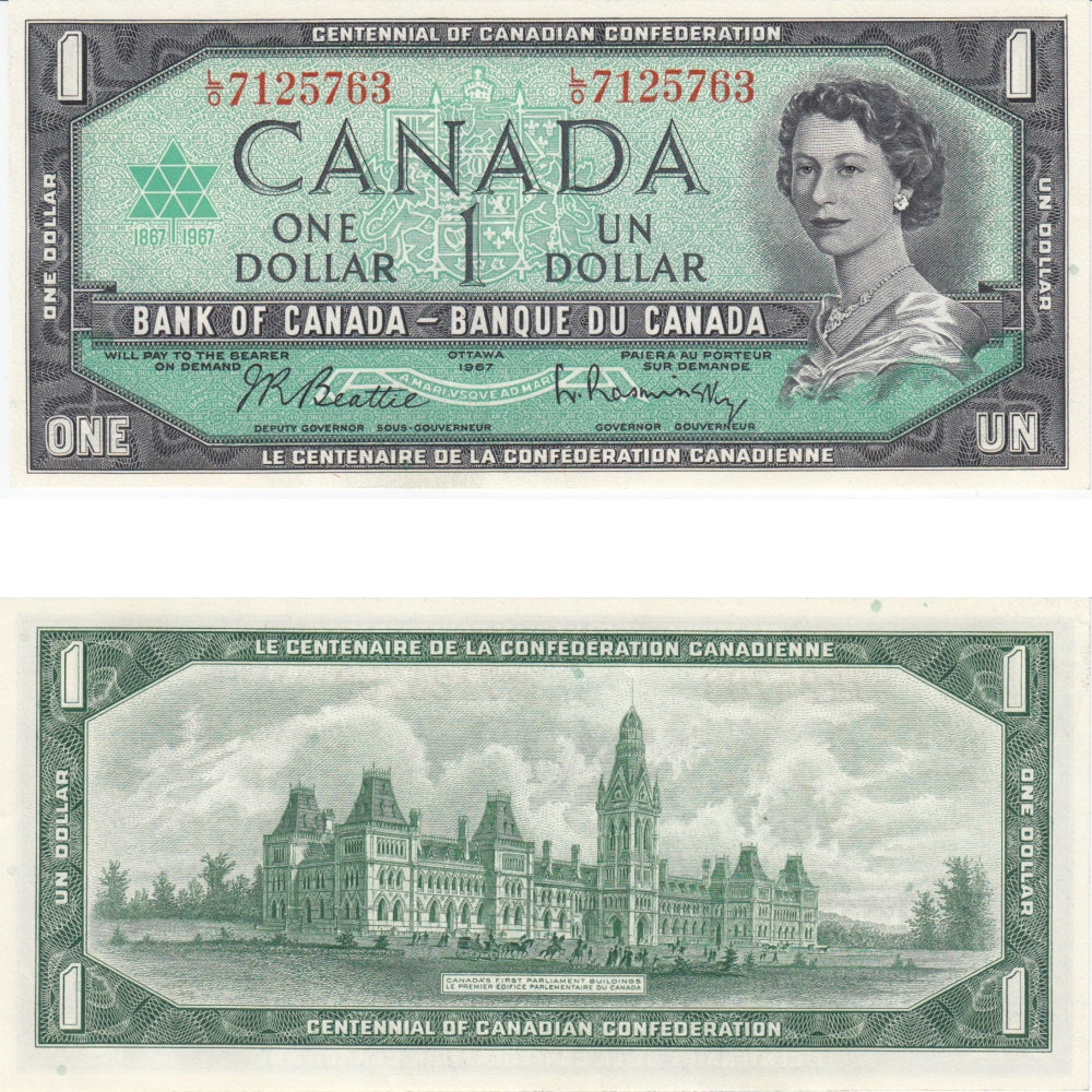 BC-45b 1967 Canada $1 Beattie-Rasminsky, L/O, AU-UNC (AU55)