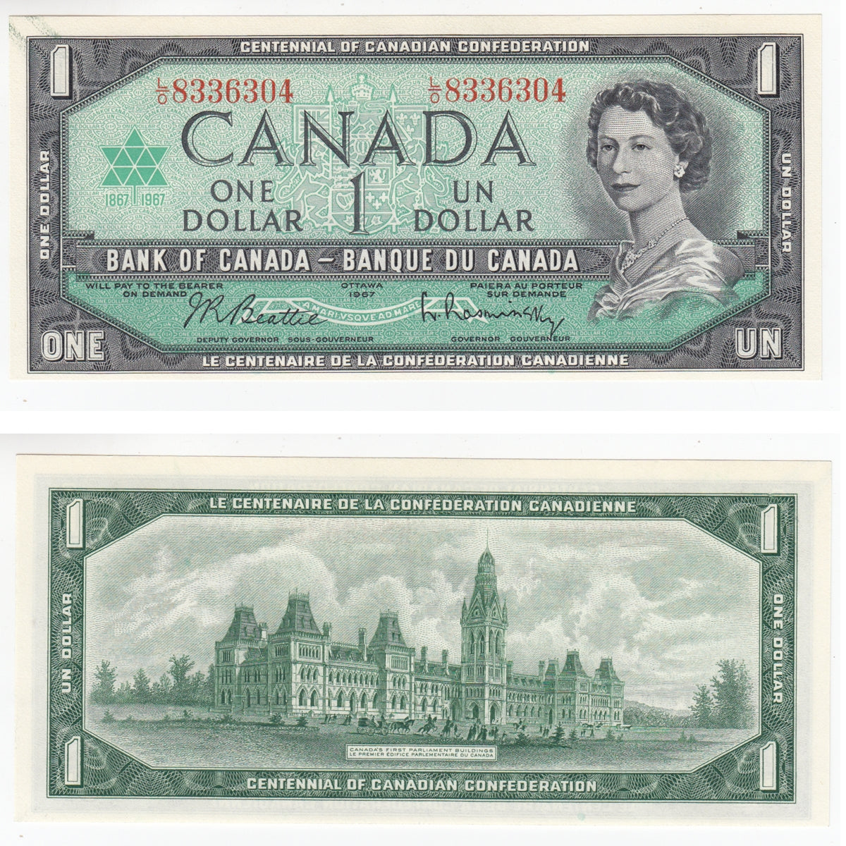 BC-45b 1967 Canada $1 Beattie-Rasminsky, L/O, Choice Uncirculated (CUNC63)