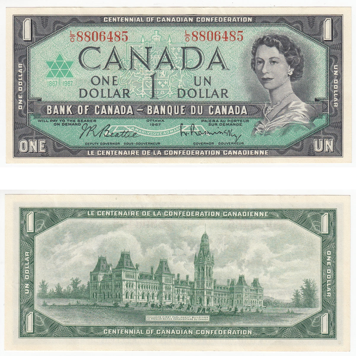 BC-45b 1967 Canada $1 Beattie-Rasminsky, L/O, EF