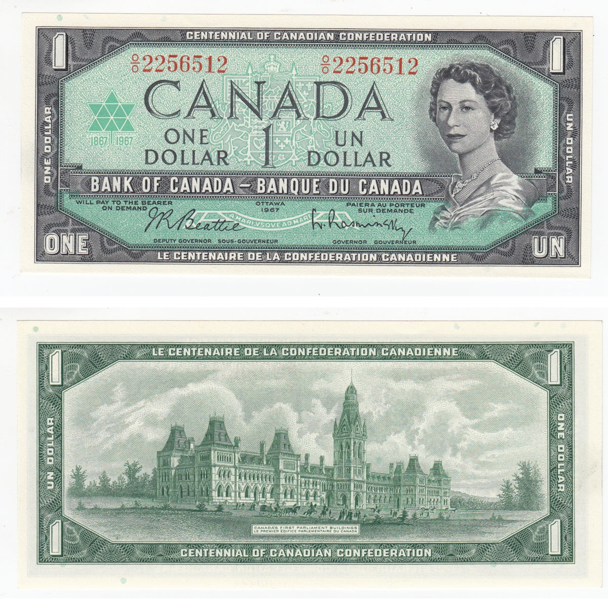 BC-45b 1967 Canada $1 Beattie-Rasminsky, O/O, Choice Uncirculated (CUNC63)