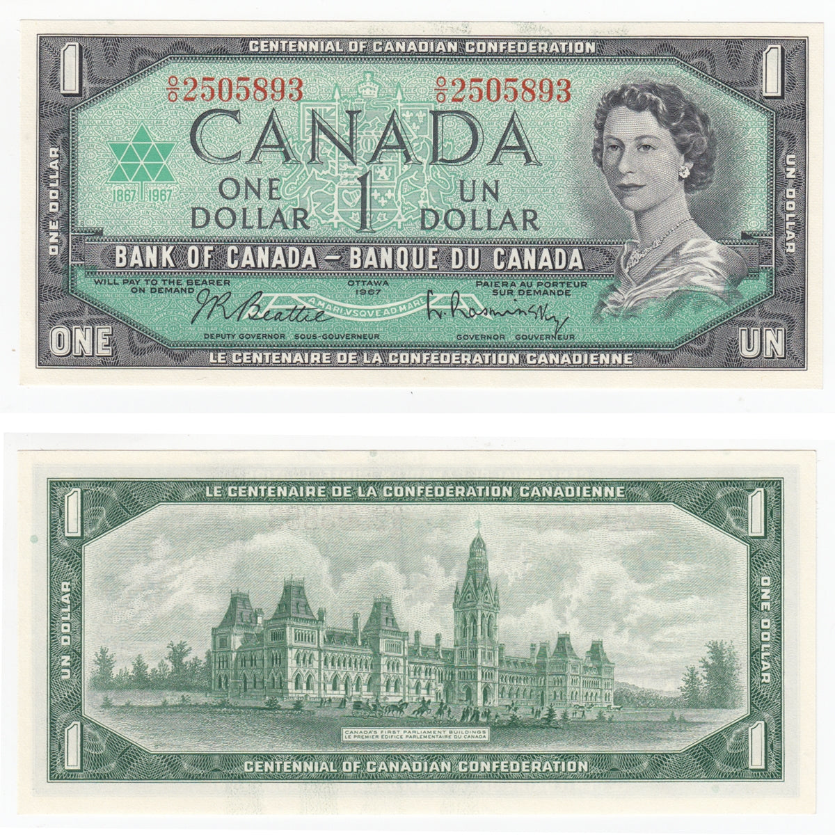 BC-45b 1967 Canada $1 Beattie-Rasminsky, O/O, Uncirculated (MS60)