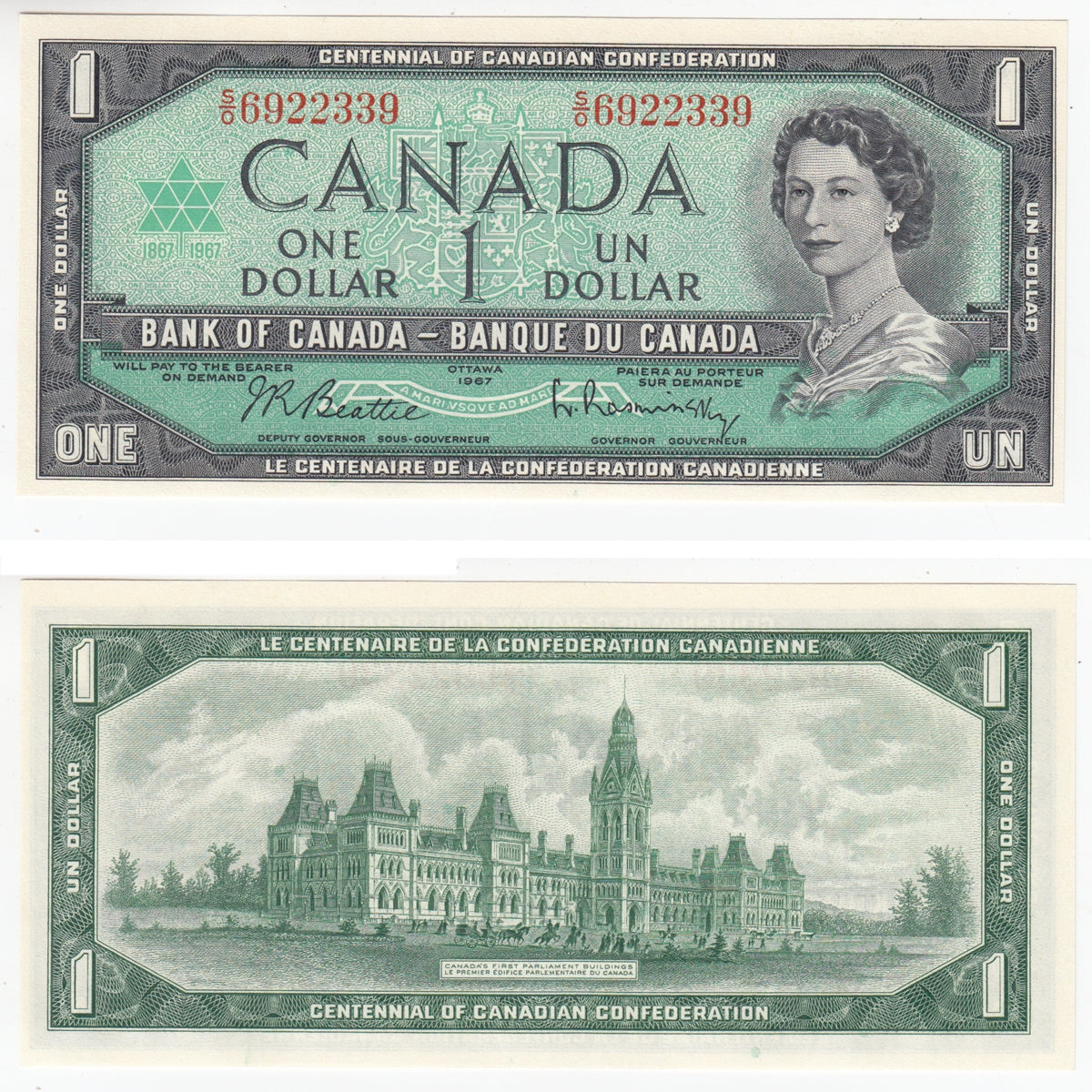 BC-45b 1967 Canada $1 Beattie-Rasminsky, S/O, Choice Uncirculated (CUNC63)