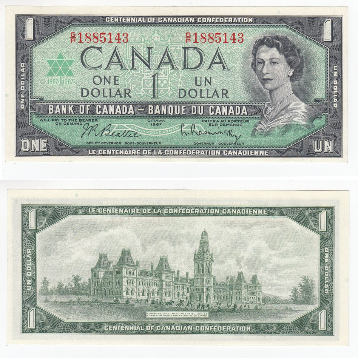 BC-45b-i 1967 Canada $1 Beattie-Rasminsky, G/P, Almost Uncirculated (AU50)
