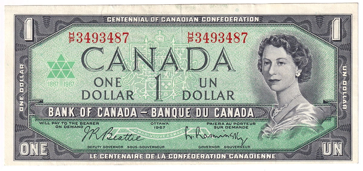 BC-45b-i 1967 Canada $1 Beattie-Rasminsky, H/P, EF