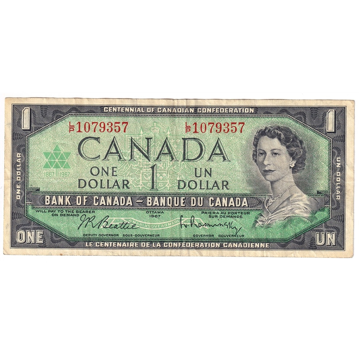BC-45b-i 1967 Canada $1 Beattie-Rasminsky, L/P, VF