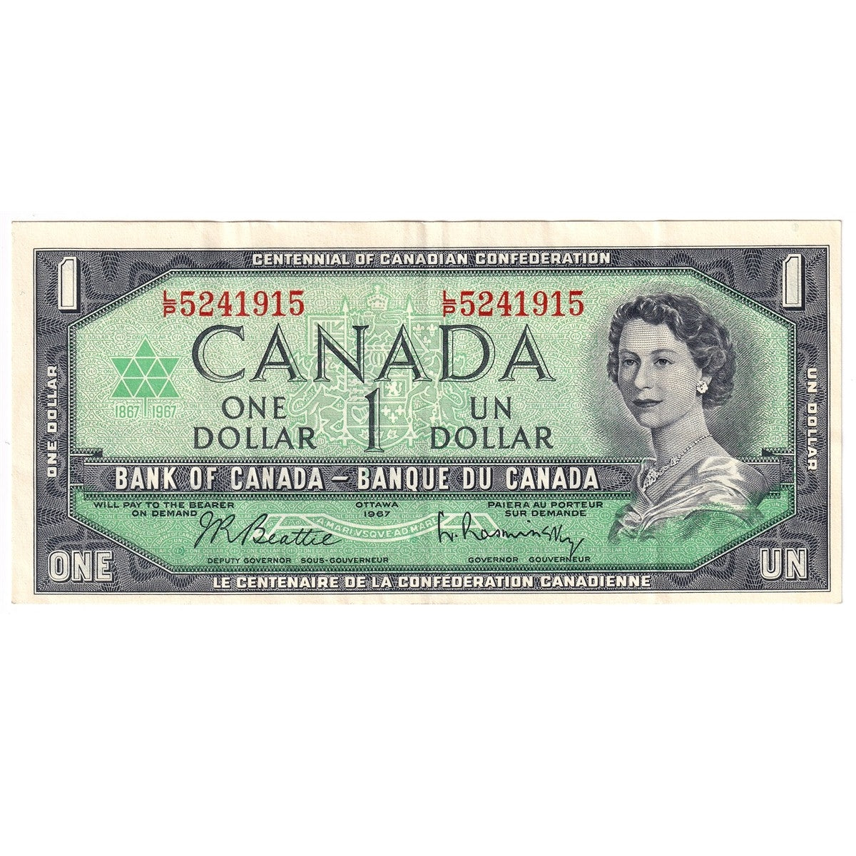 BC-45b-i 1967 Canada $1 Beattie-Rasminsky, L/P, VF-EF