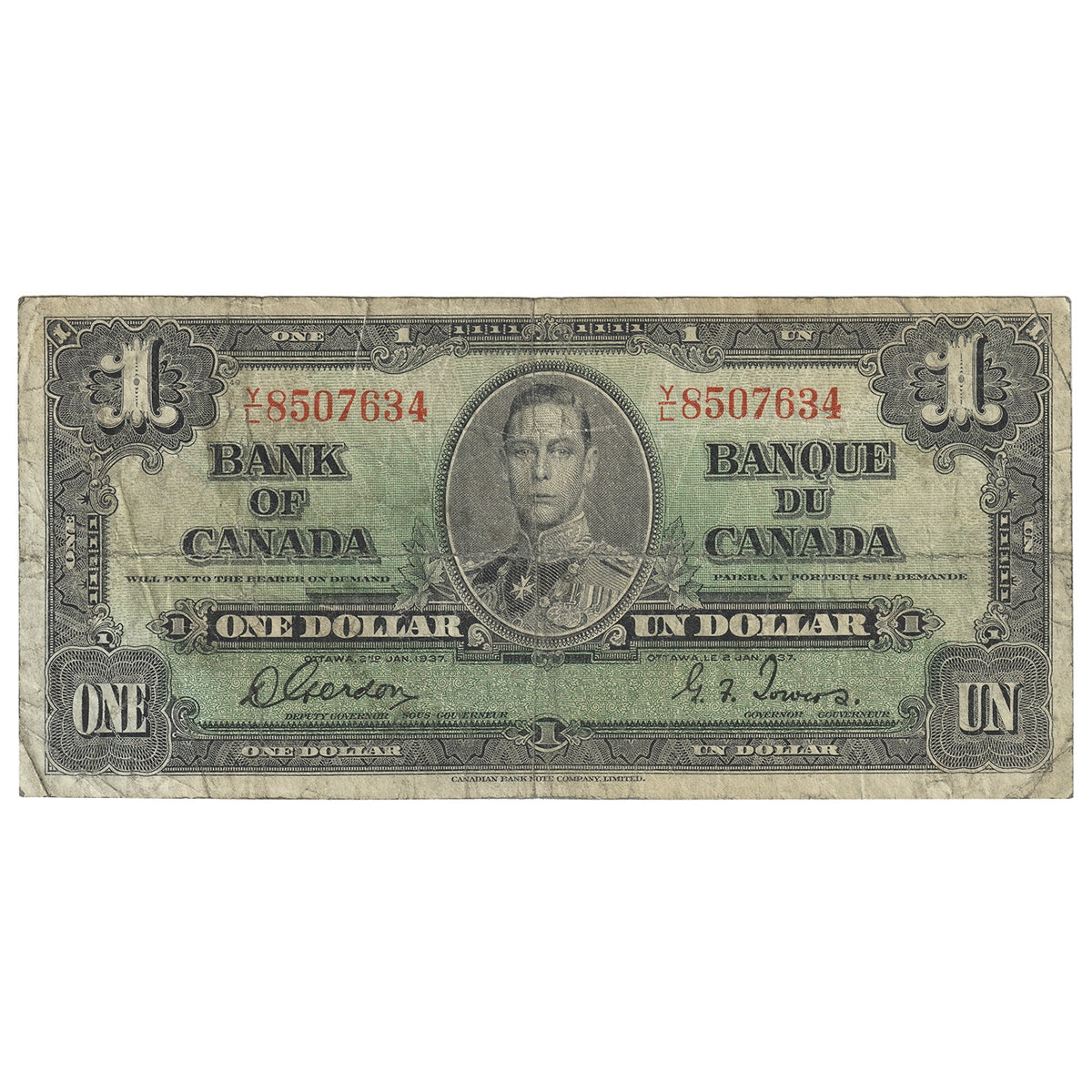 BC-21c 1937 Canada $1 Gordon-Towers, Y/L, CIRC