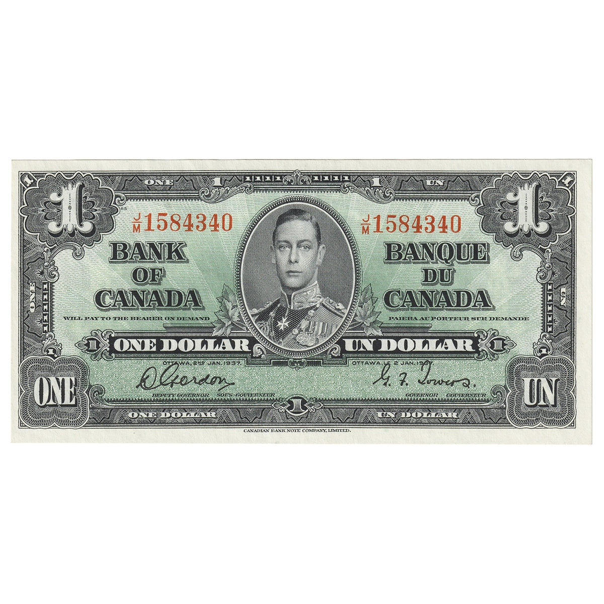 BC-21c 1937 Canada $1 Gordon-Towers, J/M, UNC
